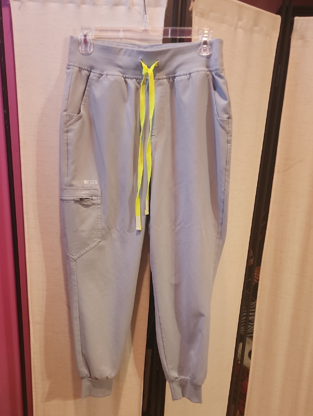 Figs Silver Arrow Joggers with Neon Yellow Drawstring